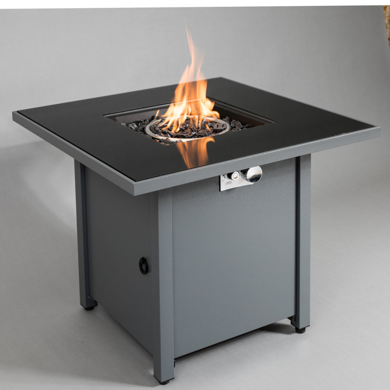 30" W Steel Outdoor Fire Pit Table 25" H, Gray Modern Design, Push Button Ignition System, Heat Smoked Glass Top, Propane/Natural Gas, All Season Exterior Use X H In Steel, Color, Style, Ignition,
