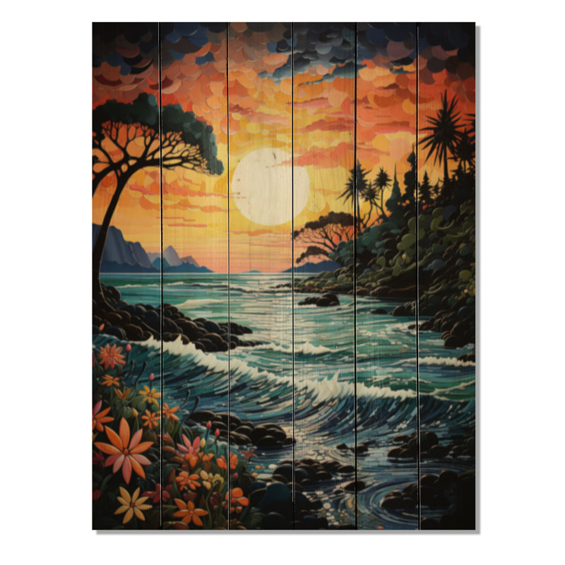 Coastaltropical, paradis tropical, pointillisme, impression sur bois naturel, H 20 po x l 10 po x P 0,78 po