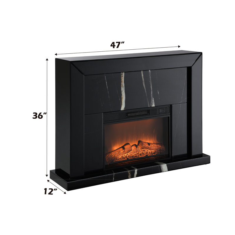 Elegant Black Mirrored Fireplace - Composite Wood, Stylish Marble Grain, Tempered Glass Feature, 36In Tall, 12In Deep Finish Synthetic Grain Design, Sparkle, Depth, 47In Width