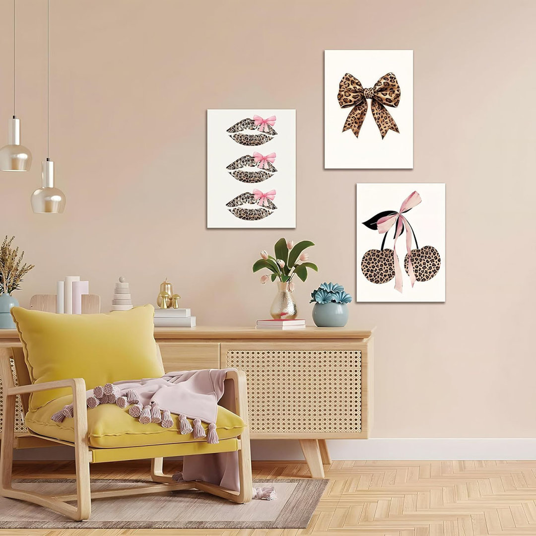 Leopard Bow Wall Art Set Of 3, Kiss Lips Canvas Posters Prints, Funky Leopard Cherry Pink Bow Wall Decor, For Bedroom Apartment Dorm Room Decor Aesthe