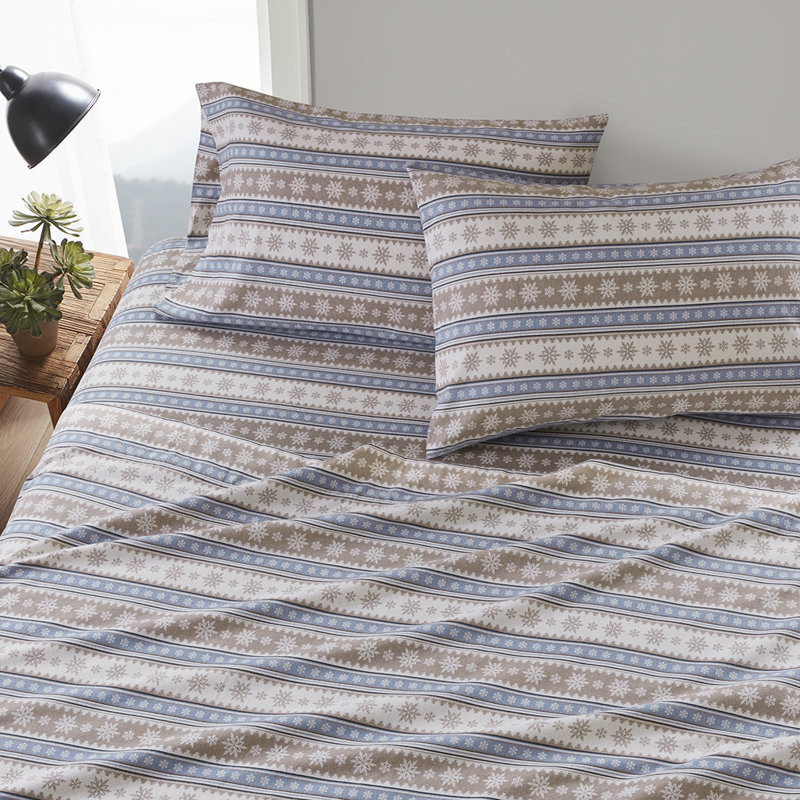 Ensemble de draps en flanelle 100% coton Woolrich, Ensemble de draps pour grand lit avec 2 taies d'or, Flocon de neige bleu