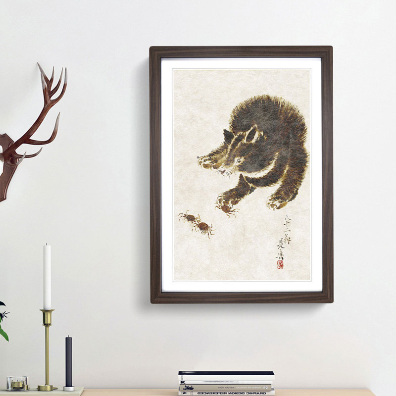 Bear And Crabs by Shibata Zeshin - Single Picture Frame Painting, 63cm H x 45cm W x 2cm D, Walnut Framed