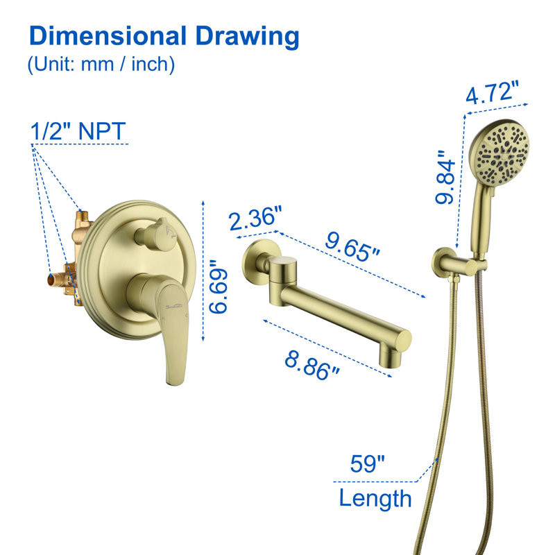 Wall Waterfall Faucet with Diverter, Brushed Gold