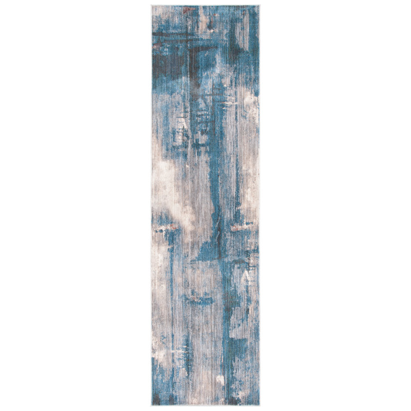 Tapis abstrait bleu / gris, Tapis de couloir 2 pi 2 po x 8 pi