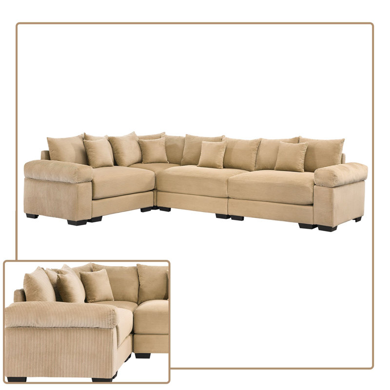 Ensemble de canapé modulaire surdimensionné avec tissu en velours côtelé, coussin à rebond élevé, Velours côtelé chameau
