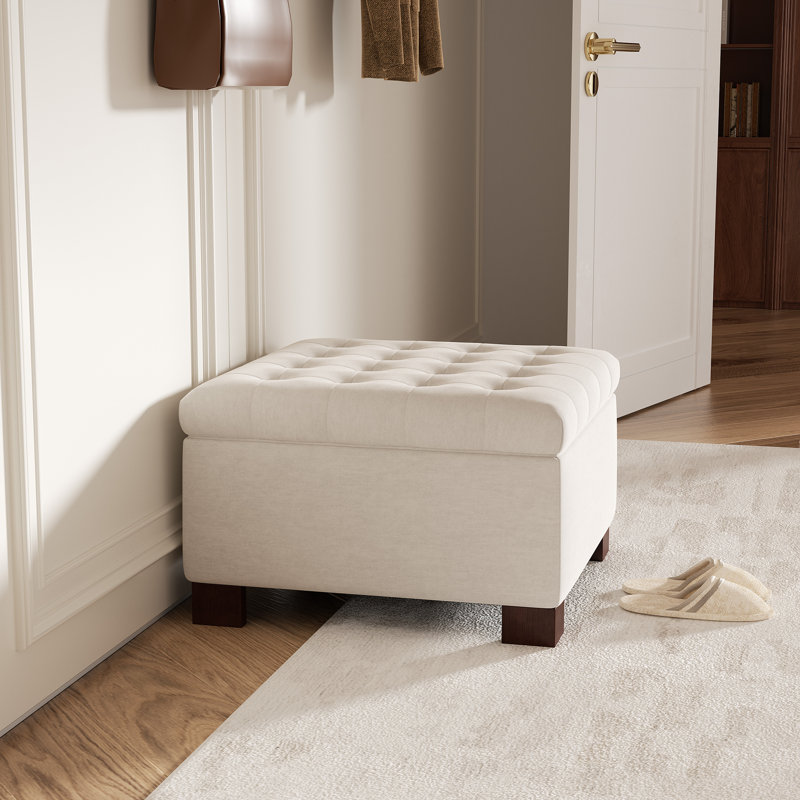 Pouf de rangement capitonné avec plateau en bois, Blanc