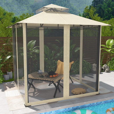 8 Ft W x 8 Ft D Soft Top Patio Gazebo, Double Roof Outdoor Canopy Tent, Heavy Duty All Weather Metal Frame with Zippered Mosquito Netting for Backyard Garden Poolside, Beige