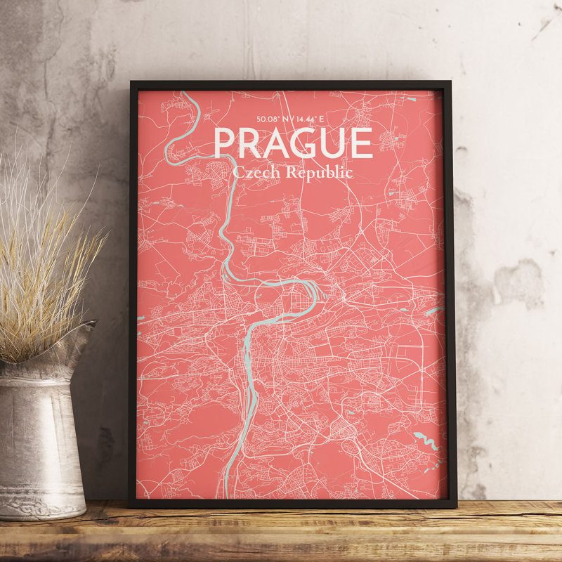 Prague City Map - Unframed Graphic Art Print on Paper, Pink, 43.2cm H x 27.9cm W x 0.1cm D