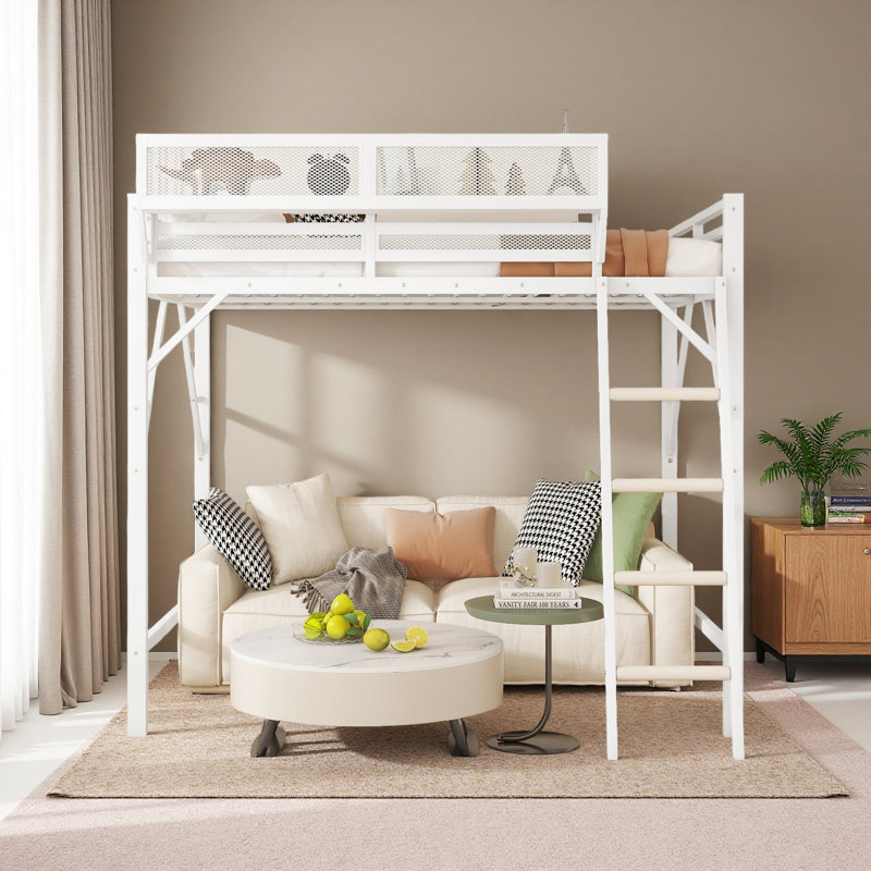 Loft Bed With Ladder,Storage Shelves, Queen, White