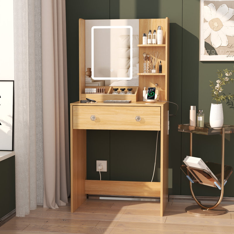 Bureau de coiffeuse avec miroir et lumières, coiffeuse de maquillage avec tiroirs, Brun