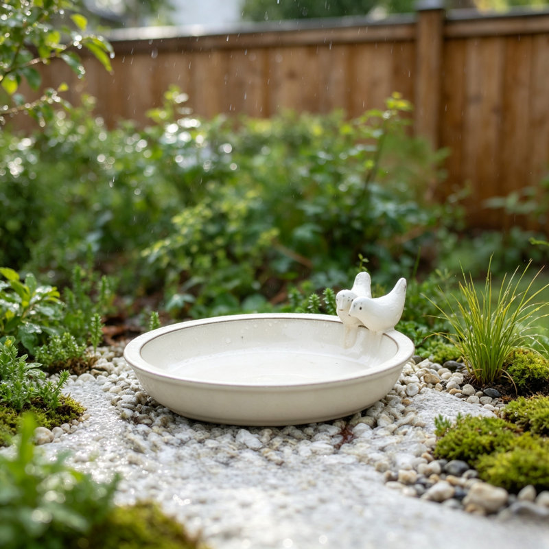 Bain d'oiseaux en céramique artisanale blanc crème, abreuvoir décoratif extérieur pour oiseaux sauvages, Cream White