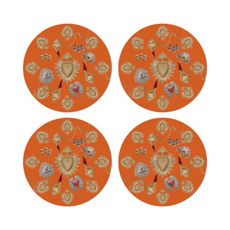 Ex Vote Sacred Hearts Vegan Leather Round Pebble Placemat, Orange