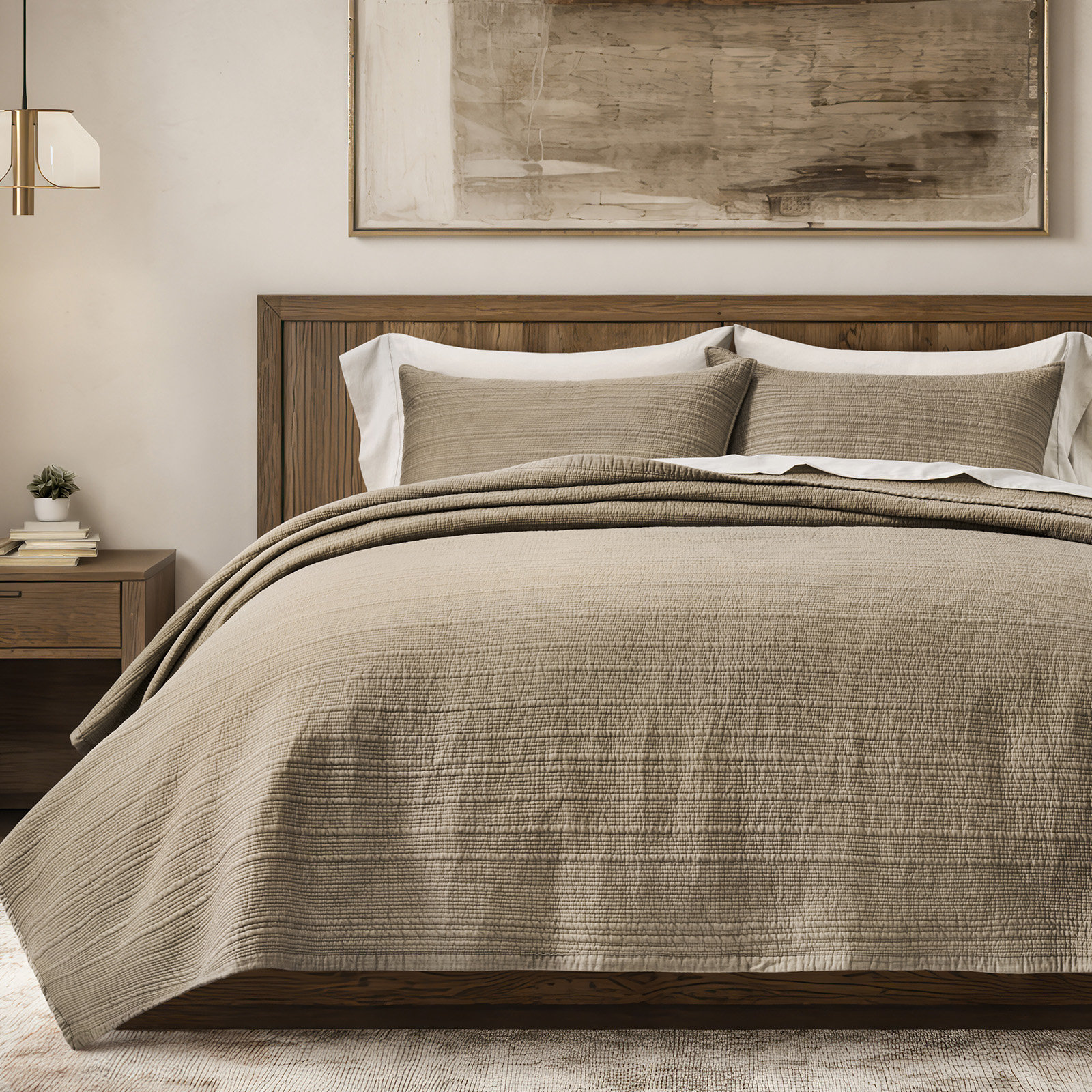 Channel Stitch Cotton Quilt Bedding Set, King Quilt + 2 King Shams, Stone Taupe
