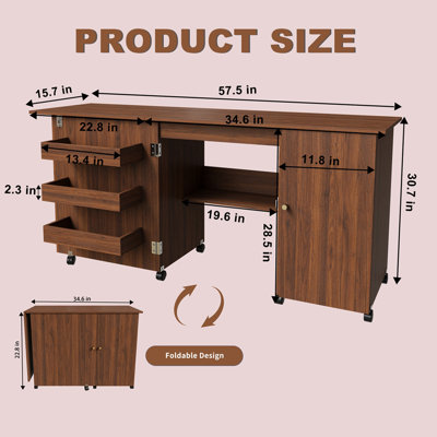 Table de machine à coudre pliable de 57,5 po avec roulettes verrouillables, station de bricolage avec tablettes, bacs et armoire, armoire de couture réglable / bureau pour la maison, la chambre à coucher et la salle d'artisanat (noyer)