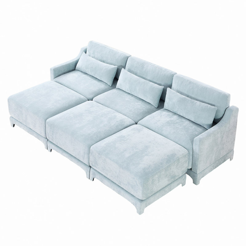 Canapé à trois places, 3 repose-pieds mobiles, équipé d'un coussin lombaire, tissu en chenille, base en bois de haute qualité, conception ergonomique, éponge à haute résilience, facile à installer