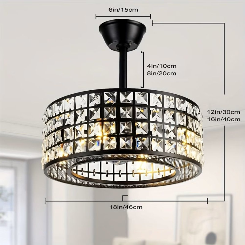 Ventilateur de plafond en cristal avec lumière et télécommande, ventilateur de cage noir à 3 vitesses avec ventilateur sans pales à intensité variable pour salle à manger