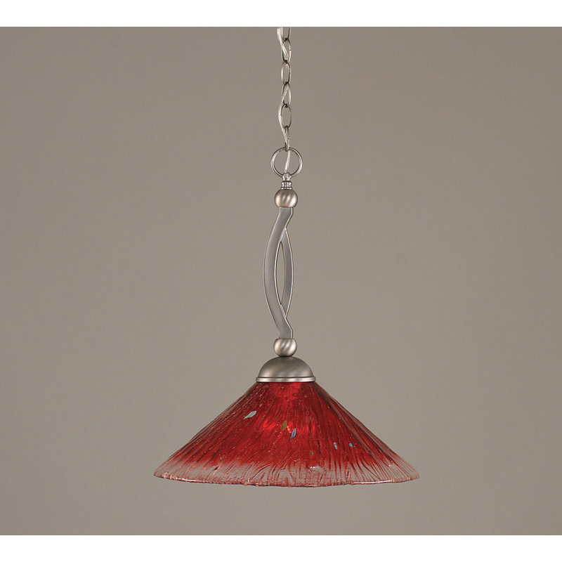 Bow Chain Hung Pendant Glass, Brushed Nickel, 19", Raspberry Crystal