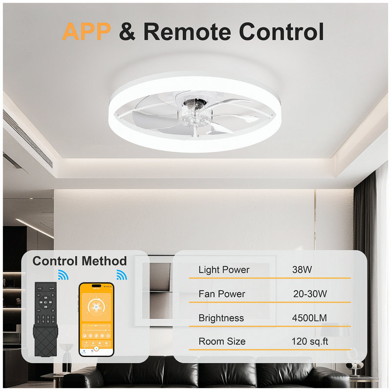 Ventilateur de plafond ultra-mince BLANC avec télécommande et contrôle d'application - Lampe de ventilateur encastrée moderne de 23,6 po, 6 vitesses de ventilateur, luminosité réglable, température de couleur de 3000 K à 6500 K pour le salon de la chambre à coucher