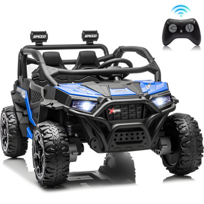 Véhicule tout-terrain électrique (UTV) bleu 24 V pour enfants avec télécommande parentale, suspension à quatre roues, musique Bluetooth et lumières LED.