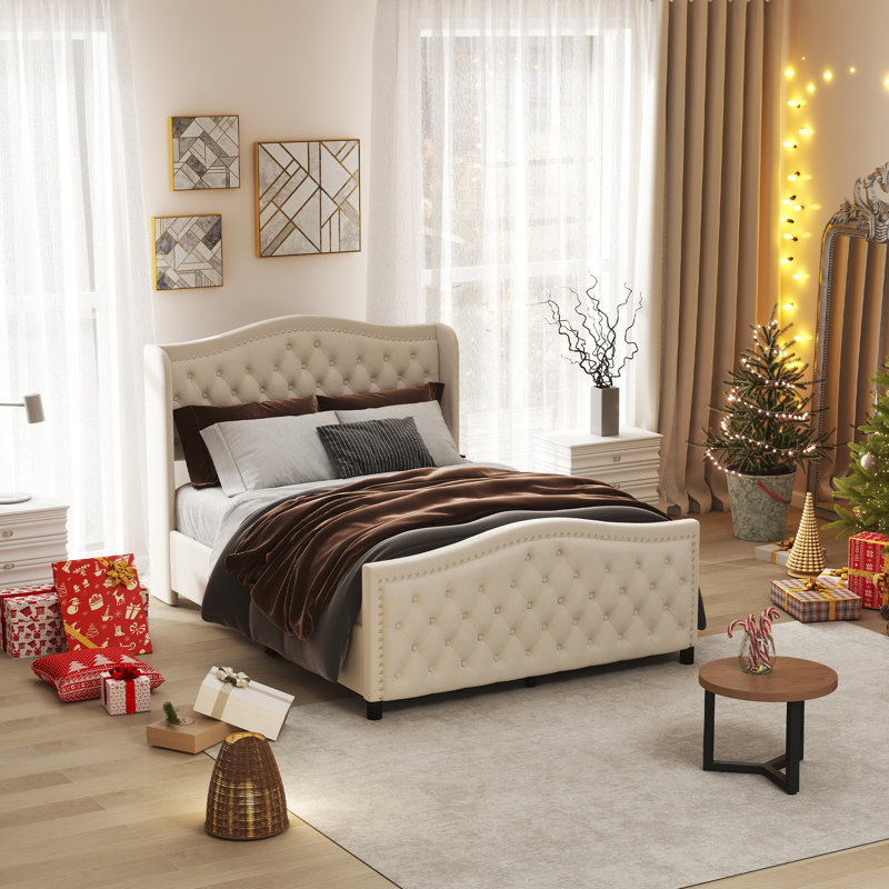 Kassaia Tufted Upholstered Storage Bed with Drawers, Full, Beige
