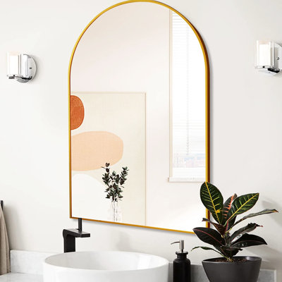 Miroir de salle de bain arqué doré 20 po x 30 po - Cadre rouille, verre de 4 mm de hauteur, installation murale renforcée avec cadre de montage inclus