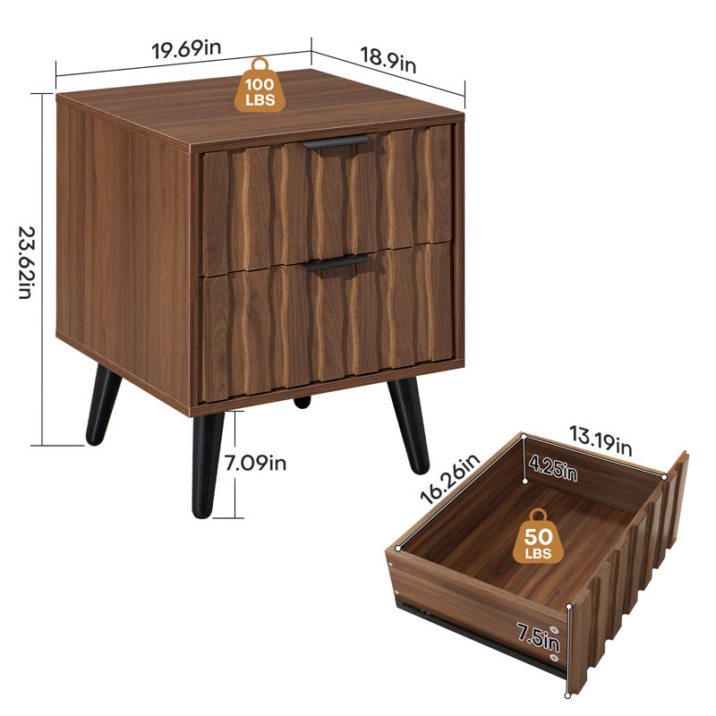 Table de bout cannelée à 2 tiroirs avec pieds en bois massif, table d'appoint de rangement pour le salon / chambre à coucher