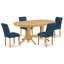 Ensemble de table de salle à manger 9 pièces moderne comprenant une table ovale en bois avec feuille papillon et 8 chaises Parson en simili cuir bleu Oasis, chêne-486074188-486074191-415371471