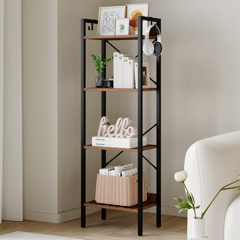 4 Shelf Rustic Style Industrial Bookcase With 2 Hooks, Brown