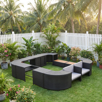 Quadrilateral Outdoor Rattan Spa Surround Set with Wooden Seats, Cushioned Sofa & Storage Cabinet for Portable Hot Tub, Patio, Backyard