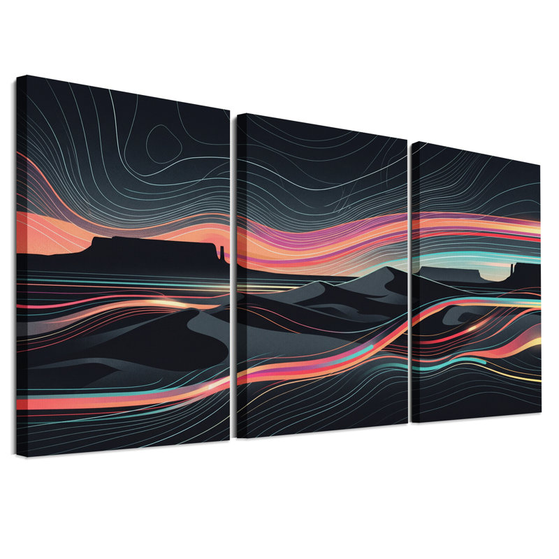 Ensemble de 3 toiles murales représentant des lignes de néon fluides sur un paysage de mesa désertique, 18"H x 12"W x 3pcs