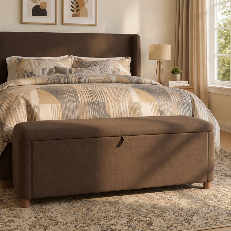 Banc ottoman de rangement en velours capitonné avec pieds en bois d'hévéa massif, Marron foncé, Dark Brown
