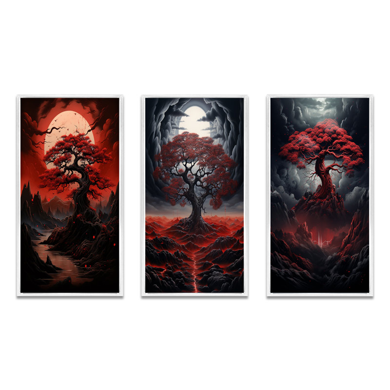 Ensemble de 3 pièces occultant arbre rouge pleine lune, Cadre flottant blanc, H 28 po x l 36 po