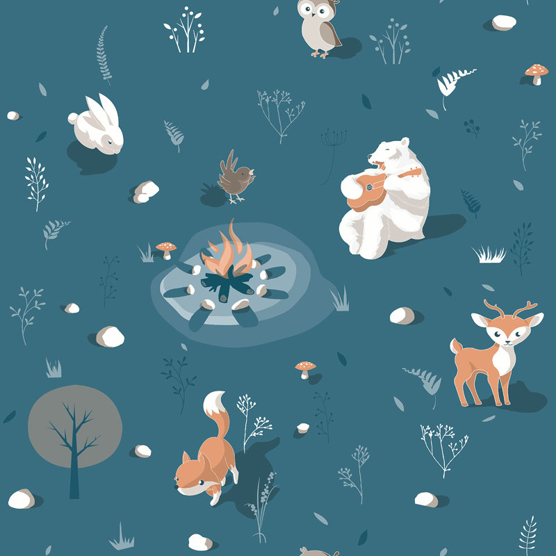 Woodland Friends Blue Wallpaper, Blue