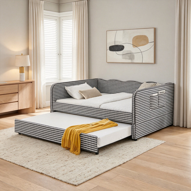 Canapé-lit convertible polyvalent 3-en-1 avec couchette coulissante et poches de rangement latérales Gingham, Black, Double