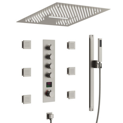 Thermostatic LED Mood Lighting Shower System, 16" Ceiling Mount Rainfall Shower Faucet with Brass Valve
