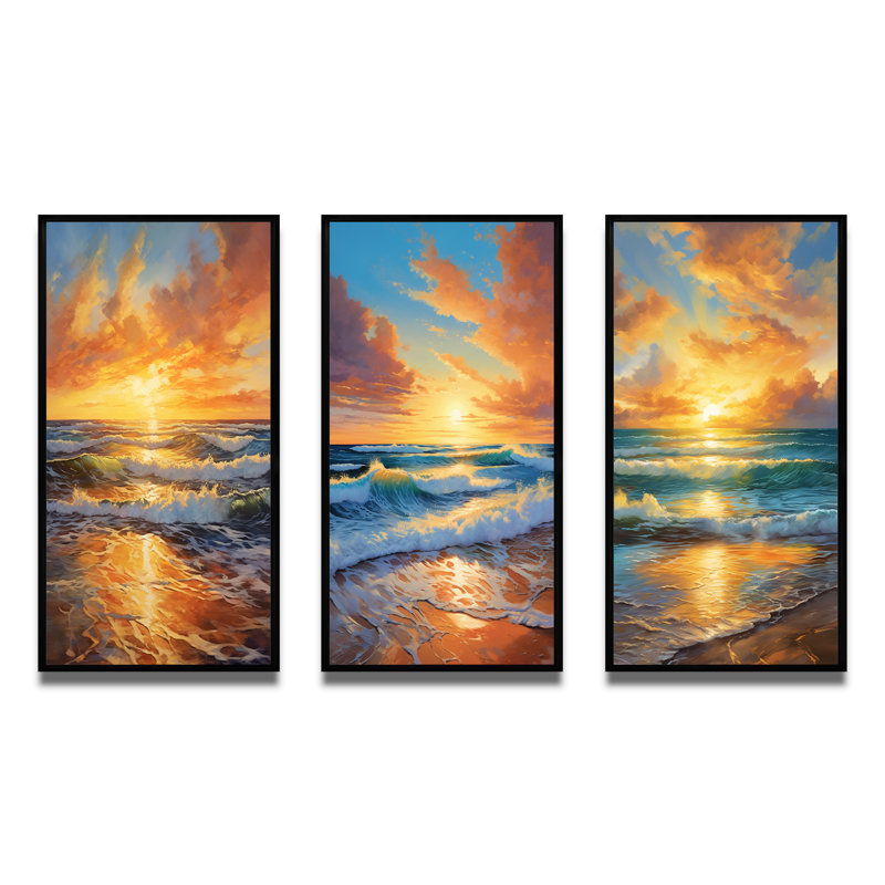 «Beach Photo Sunlit Horizons», 3 pièces, Cadre flottant noir, H 32 po x l 48 po