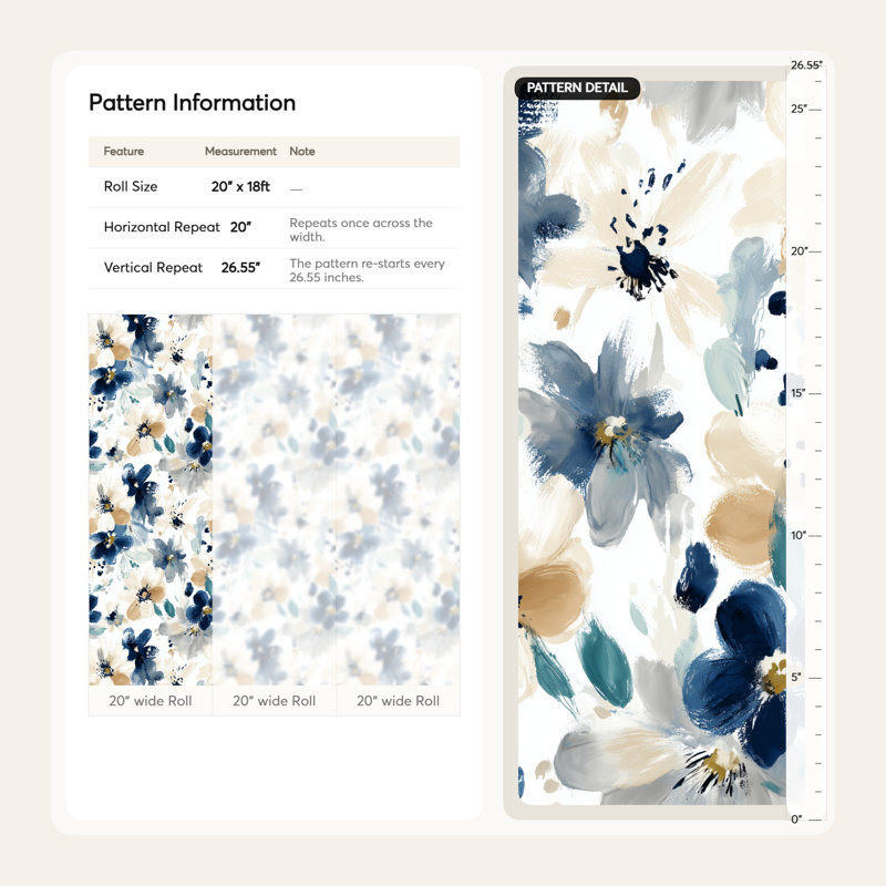 Floral Wallpaper Abstract Removable Blue Wall Double Roll
