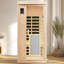 Chauffage infrarouge lointain pour une personne, intérieur, basse température, en bois de pruche, 8 panneaux chauffants, audio, commandes tactiles, protection contre la surchauffe et affichage en degrés Celsius.