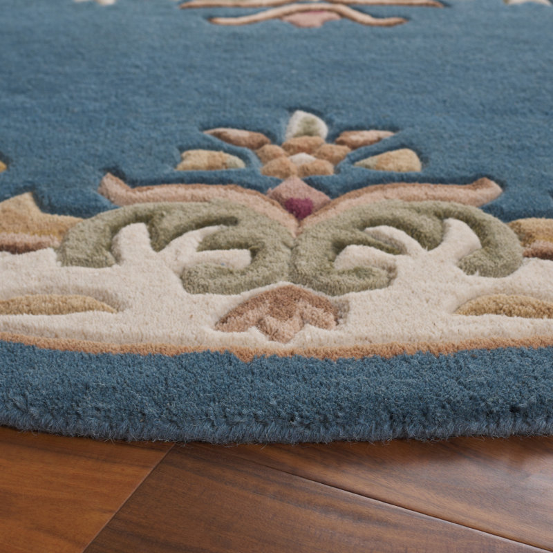 Albreda Tufted Wool/Cotton Performance Oriental Rug in Blue/Ivory, Round 6'