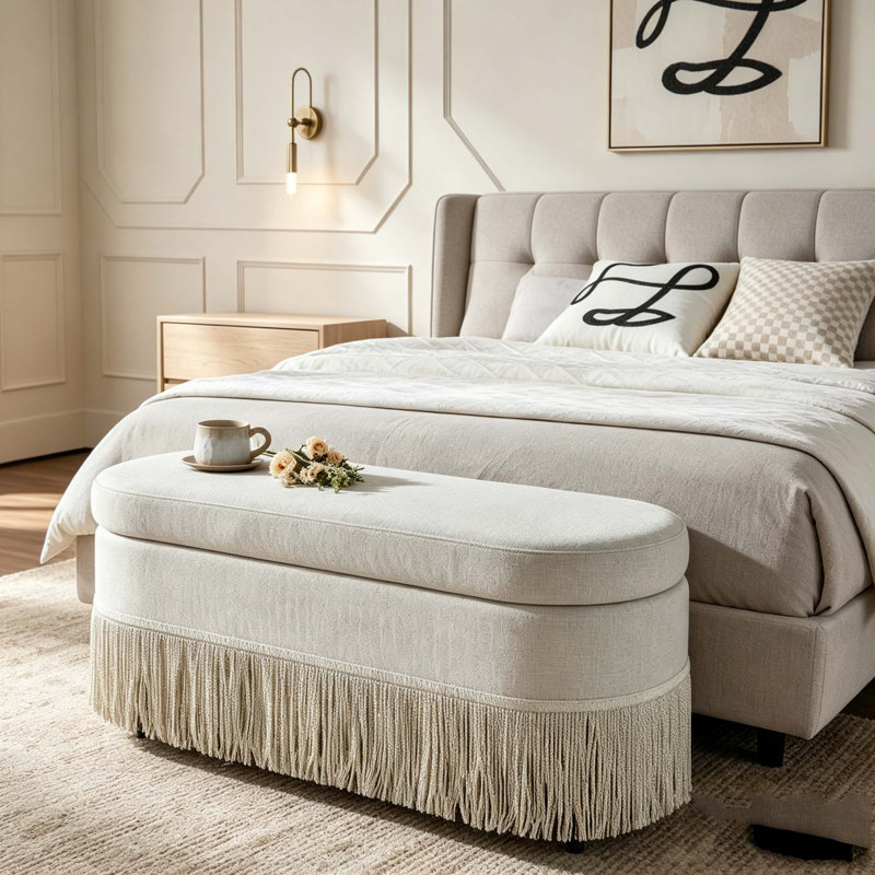 Repose-pieds ovale rembourré avec rangement, repose-pieds multifonctionnel et rangement caché, Beige