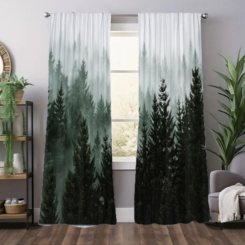 2Pcs Forest Mist Curtains, Green Pine Tree Foggy Landscape Nature Scenery  Light Filtering Curtain For living bedroom Kitchen Rod Pocket Window Drapes