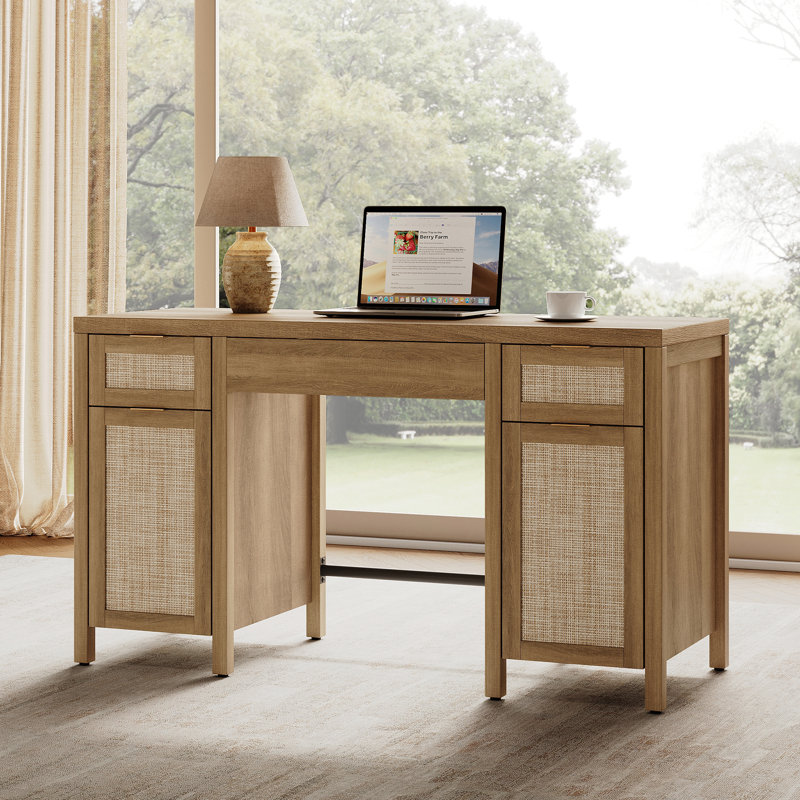 Boho Rattan 3-Drawer Storage Desk With 2 Cabinets And Adjustable Shelves, Caramel Oak, 1
