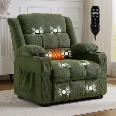 Fauteuil inclinable électrique surdimensionné vert, siège de 66 cm (26 po), soutien lombaire chauffant et massage par vibration à 8 points, port USB, télécommande à mémoire à 2 positions, revêtement en velours pour cinéma maison