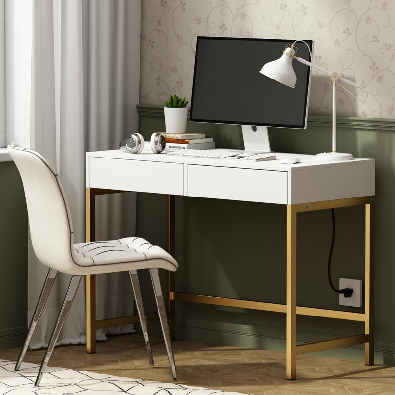 47.2" W White & Gold Computer Desk with USB Porting, 2 Drawers - Home Office & Bedroom, Gold, 29.7" H x 47.2" W x 18.9" D
