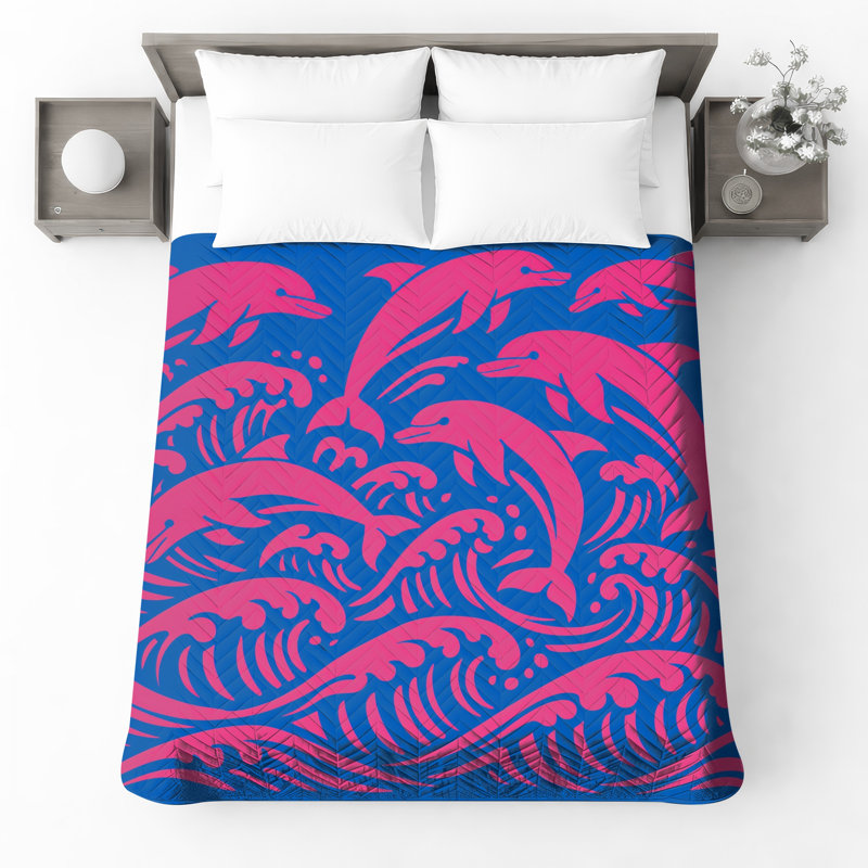 Pink Dolphins Waves Quilted Thin Bedspread, Twin