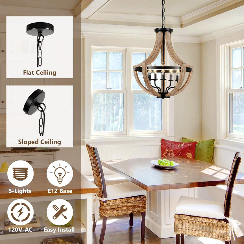 Lustre de style campagnard 19 lumières à 5 lumières, luminaire suspendu rustique en bois massif et semi-encastré, lustre brun à hauteur réglable pour salle à manger avec îlot de cuisine, intensité E12, ampoules non incluses