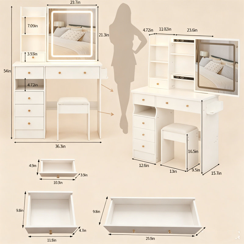  Meuble-lavabo avec miroir coulissant à DEL à commande tactile, coiffeuse avec douille 2AC et 2USB et support pour sèche-cheveux, tabouret de maquillage pour la chambre à coucher, blanc