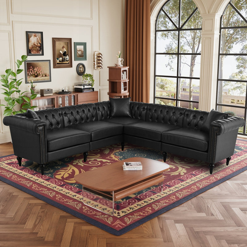 Canapé modulaire réversible en L Chesterfield, Noir