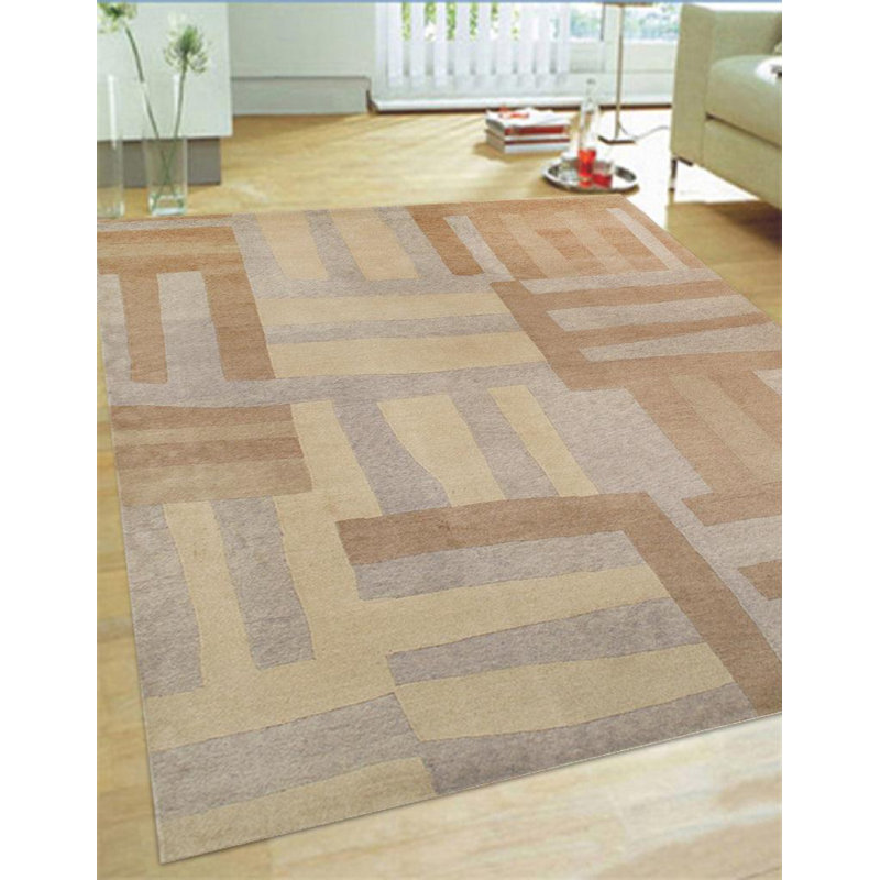 Tapis beige en laine / coton géométrique noué à la main 8 pi x 10 pi