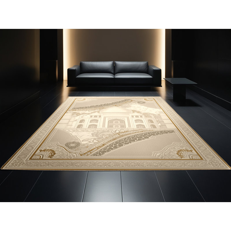 Tapis oriental doux et moelleux de style oriental Taj Mahal en beige - reliure beige, 4 x 6